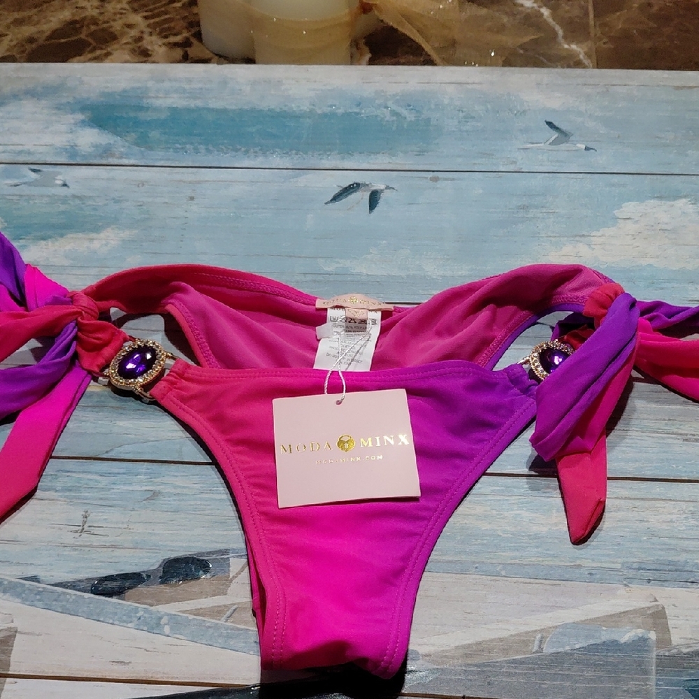 MODA MINX Jeweled Bikini Bottoms Pink Purple Tie Side Y2K Glam NWT Medium